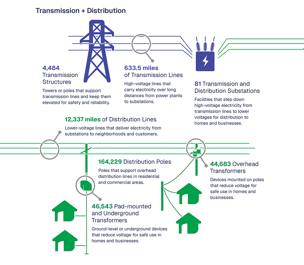 Transmission and Distribution Structure; 633.5 Miles of Transmission Lines; 12,337 Miles of Distribution Lines; 44,683 Overhead Transformers; 4,484 Transmission Structures; 81 Transmissions and Distribution Substations; 164,229 Distribution Poles; 46,543 Pad-mounted and Underground Transformers