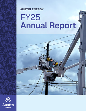 Austin Energy FY25 Annual Report cover with photo of linement working on a pole